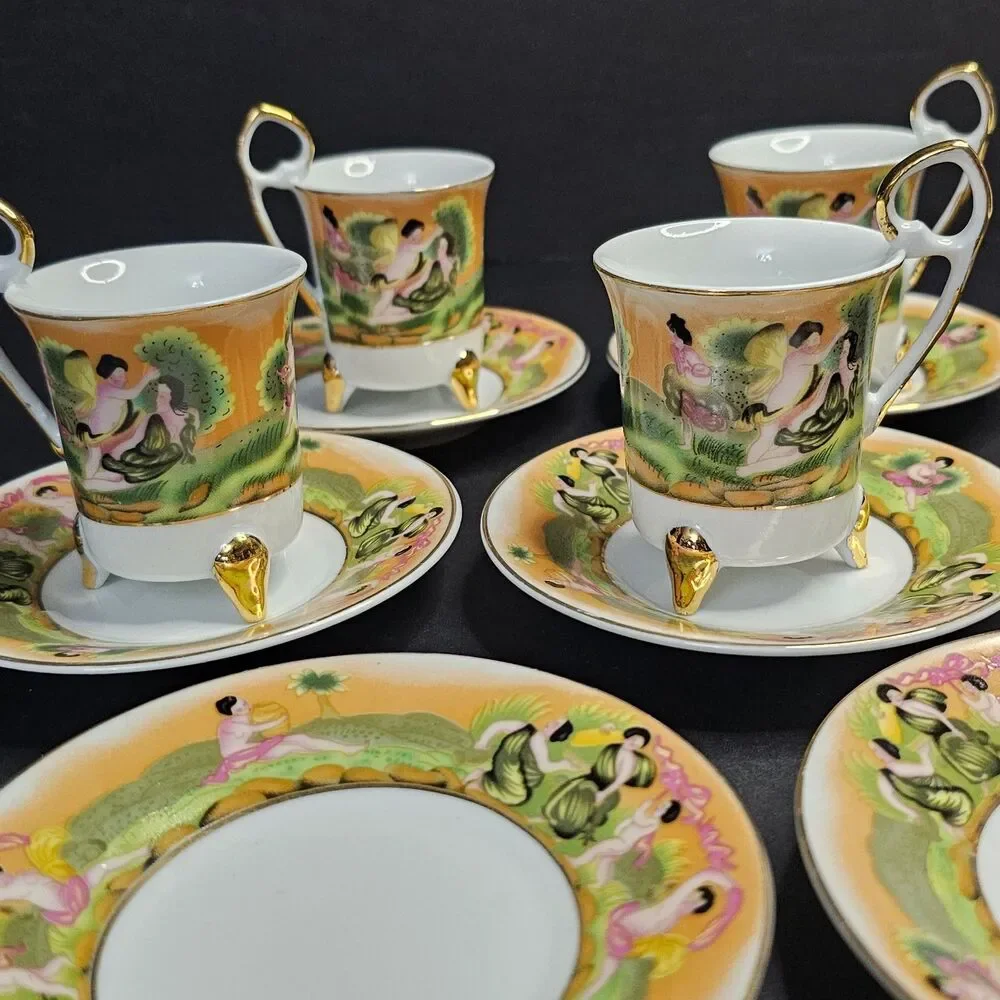 Japanese Teacups and Saucers, Set of 4 Gold Accents Demitasse Coffee Cups